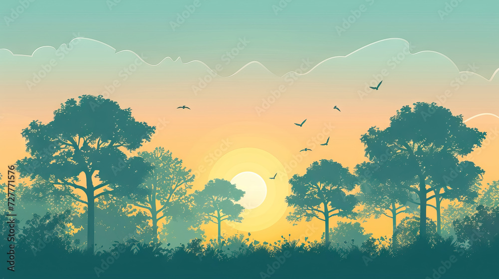 The Sun Setting Behind Silhouetted Trees and flying bird - AI Generated Abstract Art