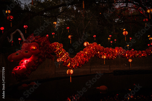Chinese dragon with hanging lanterns in trees for Halloween