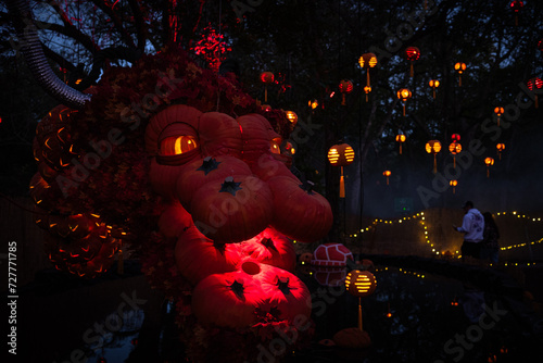 Chinese dragon with hanging lanterns in trees