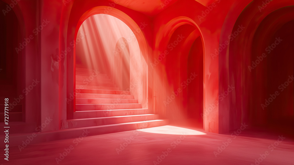 dark red room empty interior with staircase and arch door. Sunlight from window inside room, architectural background for advertising products, presentations - AI Generated Abstract Art