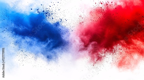 Vibrant tricolor French flag explosion with blue, white, and red holi paint on a white background representing France and its culture.