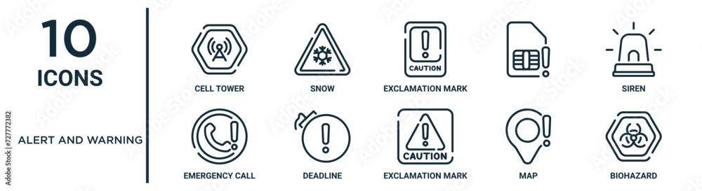 Vetor de alert and warning outline icon set such as thin line cell ...