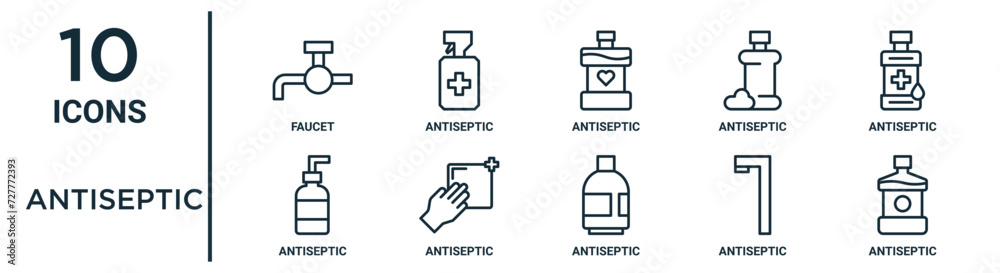 antiseptic outline icon set such as thin line faucet, antiseptic ...