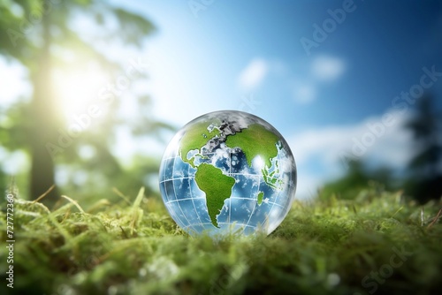 Crystal transparent planet Earth with green continents on moss in the rays of the rising sun, The concept of environmental protection, Decarbonization. AI generated