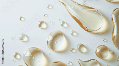 Serum or gel droplets on a white backdrop. Skincare cosmetic item.