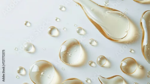 Obraz Serum or gel droplets on a white backdrop. Skincare cosmetic item.