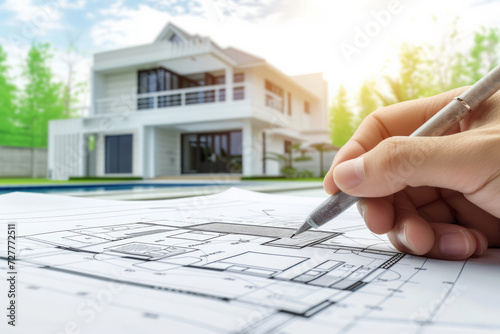 Architect Engineer Design Working on Blueprint Planning Concept. Construction Concept. architectural of houses on blueprint draw. for building construction plan or real estate sale, concept bank credi photo