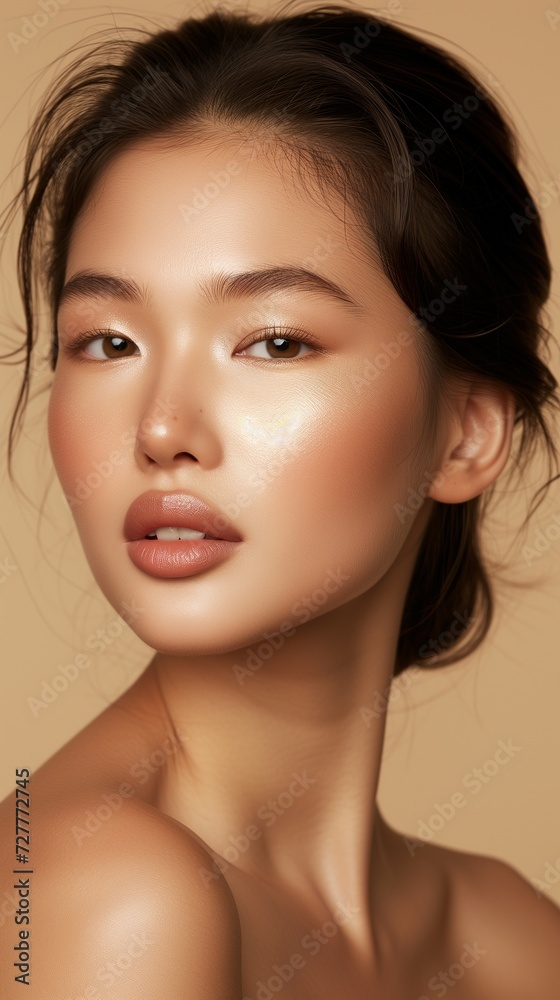 Close-up portrait of a young Asian woman showcasing natural makeup and a subtle smile on a beige background.
