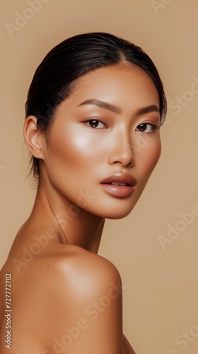 Close-up portrait of a young Asian woman showcasing natural makeup and a subtle smile on a beige background.