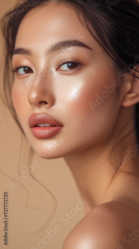 Close-up portrait of a young Asian woman showcasing natural makeup and a subtle smile on a beige background. © Rudsaphon