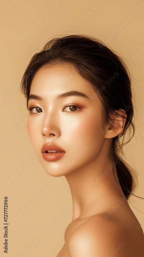 Close-up portrait of a young Asian woman showcasing natural makeup and a subtle smile on a beige background. Close-up portrait of a young Asian woman showcasing natural makeup and a subtle smile on a beige background.