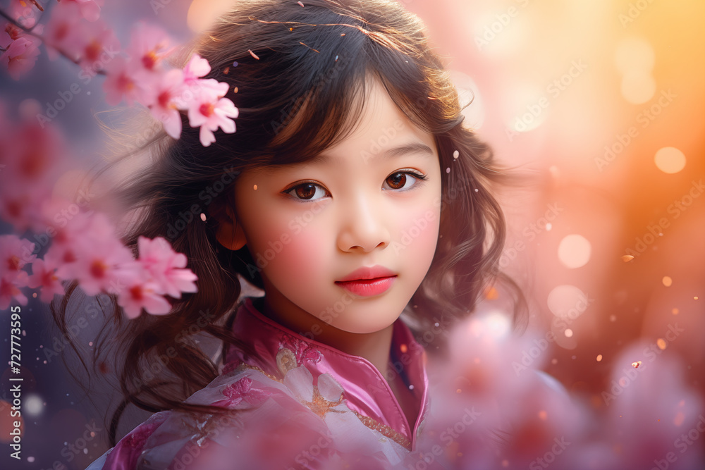 A shot of a beautiful Asian girl in traditional dress with a cherry blossom background