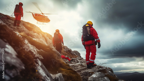 Mountain rescue team in rescue operation .Searching for missing person ,help injured people .