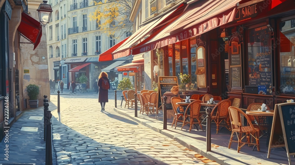 Morning in Paris, with a classic French cafe and a lady strolling along the street.