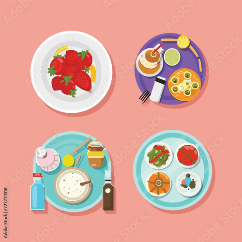 Set of food dish and beverages