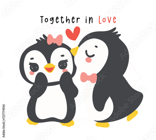 Loveable Valenntine penguin couple kissing in a whimsical hand drawn cartoon, perfect for romantic greetings and festive occasions.