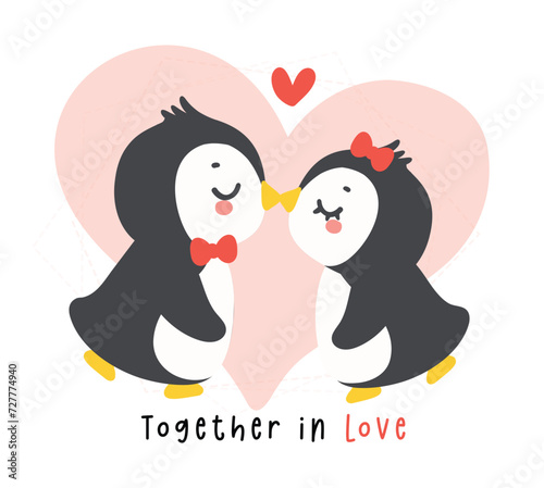 Loveable Valenntine penguin couple kissing in a whimsical hand drawn cartoon, perfect for romantic greetings.