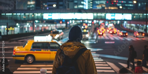 A traveler awaits a cab outside Tokyo Airport in Japan.