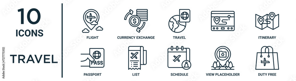 travel outline icon set such as thin line flight, travel, itinerary, list, view placeholder, duty free, passport icons for report, presentation, diagram, web design - obrazy, fototapety, plakaty 