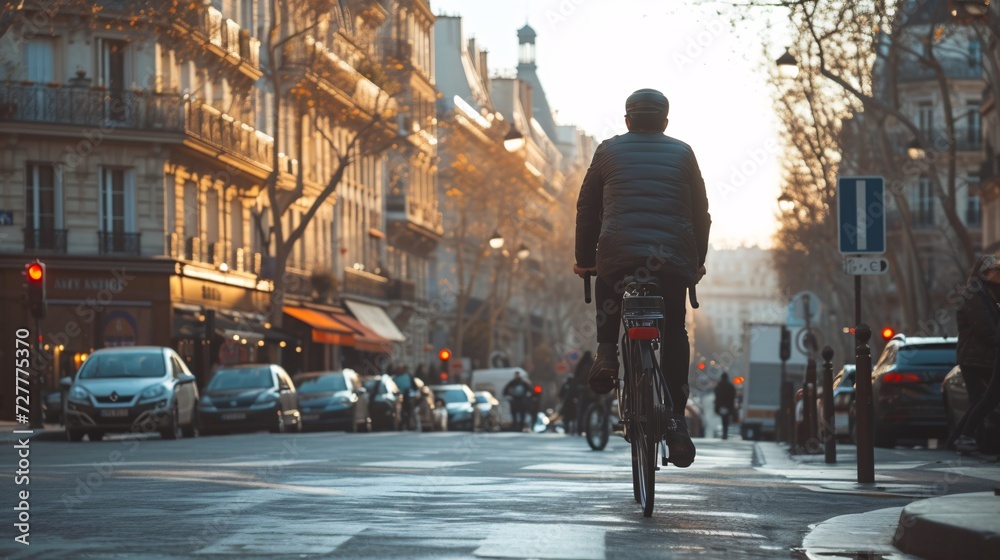 Obraz premium Mysterious man biking through the streets of Paris, France.