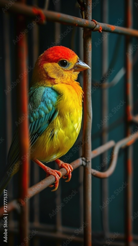 Obraz premium A cute bright yellow canary bird in its cage. Generative AI