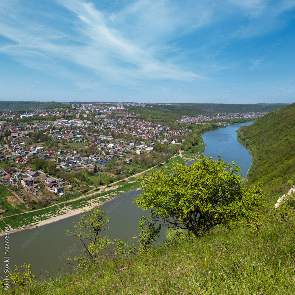Amazing spring view on the Dnister River Canyon. View to Zalishchyky town,  Ternopil region, Ukraine.
