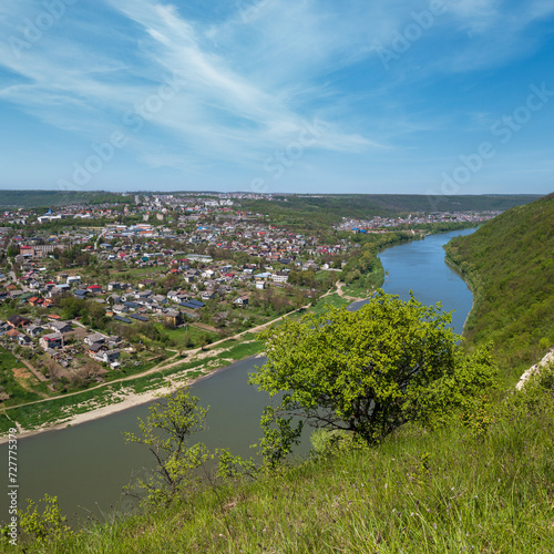 Amazing spring view on the Dnister River Canyon. View to Zalishchyky town, Ternopil region, Ukraine.