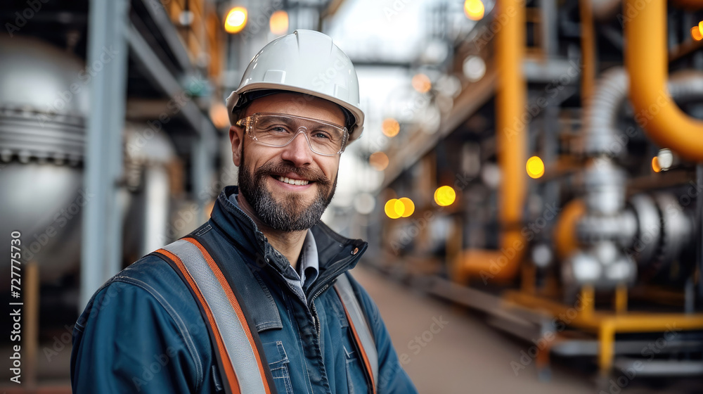 Portrait a happy engineer working on a petrol plant. Generative AI. Portrait a happy engineer working on a petrol plant. Generative AI.
