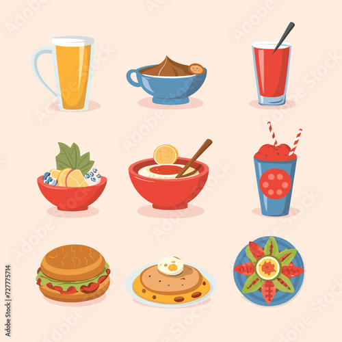 Set of food dish and beverages