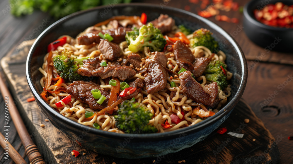 Bowl of delicious ramen noodles with fried noodles of beef and roasted vegetables, low angle shot, ray tracing, rustic.
Bowl of delicious ramen noodles with fried noodles of beef and roasted vegetables, low angle shot, ray tracing, rustic.