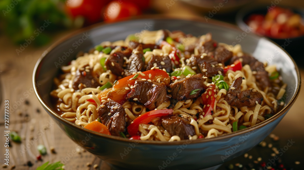 Bowl of delicious ramen noodles with fried noodles of beef and roasted vegetables, low angle shot, ray tracing, rustic.
Bowl of delicious ramen noodles with fried noodles of beef and roasted vegetables, low angle shot, ray tracing, rustic.