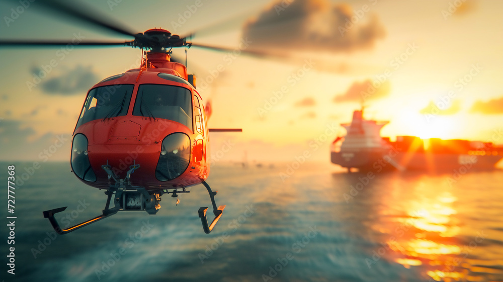 Helicopter is flying away from cargo ship ,Sending pilot , Sea rescue . Helicopter is flying away from cargo ship ,Sending pilot , Sea rescue .