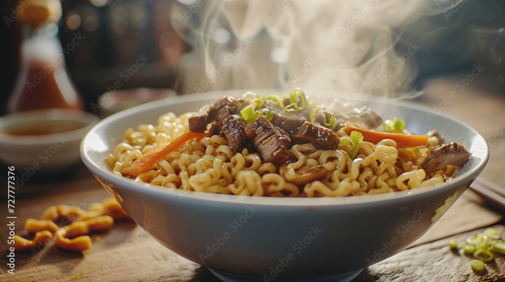 Bowl of delicious ramen noodles with fried noodles of beef and roasted vegetables, low angle shot, ray tracing, rustic.
Bowl of delicious ramen noodles with fried noodles of beef and roasted vegetables, low angle shot, ray tracing, rustic.