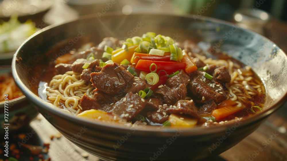 Bowl of delicious ramen noodles with fried noodles of beef and roasted vegetables, low angle shot, ray tracing, rustic.
Bowl of delicious ramen noodles with fried noodles of beef and roasted vegetables, low angle shot, ray tracing, rustic.
