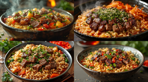  Bowl of delicious ramen noodles with fried noodles of beef and roasted vegetables, low angle shot, ray tracing, rustic.