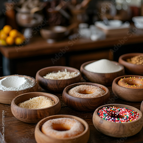 Eggless donuts: close up of Sweet ,ceramic bowls filled with donuts on a wooden tray recipe, ingredients, pastry bakery ,cream puffs, half-baked ,unheated, raw 

