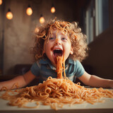 Happy child eating spaghetti.