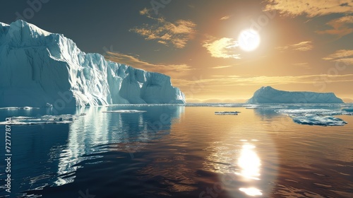 Huge glaciers on an ocean with the silver sun in the sky. Generative AI. © visoot