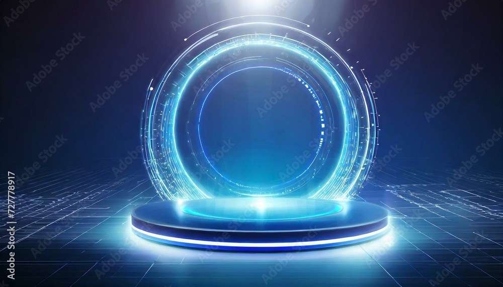Virtual Brilliance: Illuminated 3D Podium with Blue Neon Circles for Dynamic Gaming Virtual Brilliance: Illuminated 3D Podium with Blue Neon Circles for Dynamic Gaming
