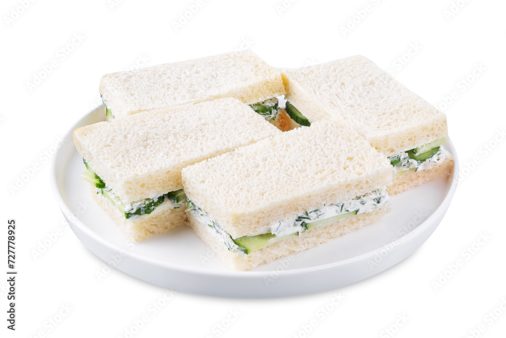 Cucumber dill cream cheese tea sandwich on a white isolated background