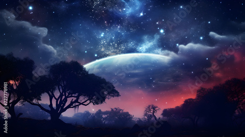 Beautiful night sky, the Milky Way, moon, and the tree.