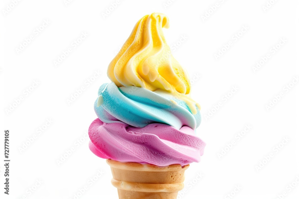 Naklejka premium Colorful ice cream in waffle cone on white background