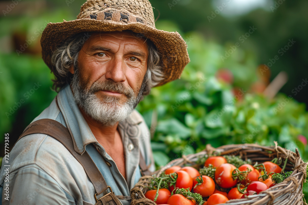 Senior farmer holding a basket of tomatoes