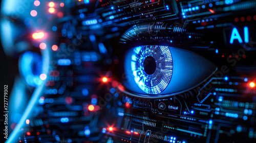 Close-up of a woman's eye with 'ETHICAL AI' illuminated on a neon futuristic technology background, symbolizing the intersection of human ethics and artificial intelligence photo
