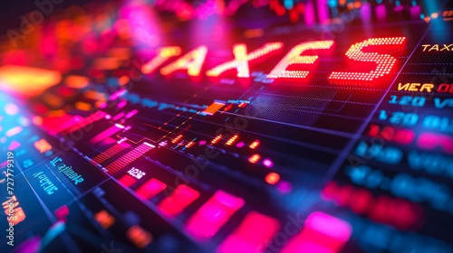Vivid neon TAXES sign on a dynamic business stock market financial display symbolizing tax season, financial analysis, and government revenue photo