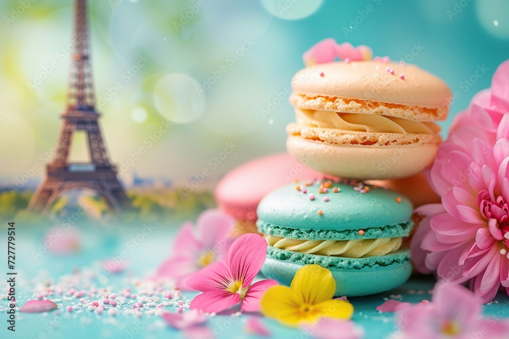 French tasty macarons on Eiffel Tower background French tasty macarons on Eiffel Tower background