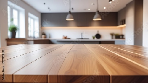 Empty wooden table top with blur kitchen interior background. Generated AI