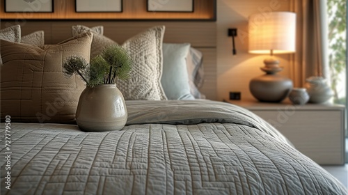 Detail of grey bedspread in modern bedroom. Generative AI.