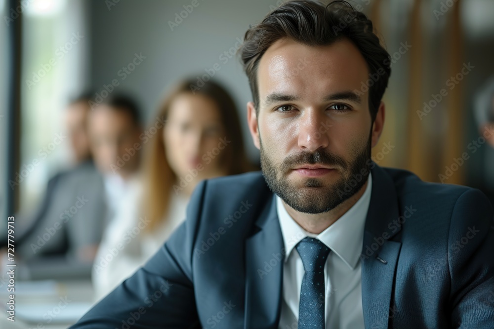 Businessman discussing with colleagues in conference room during meeting at office Businessman discussing with colleagues in conference room during meeting at office