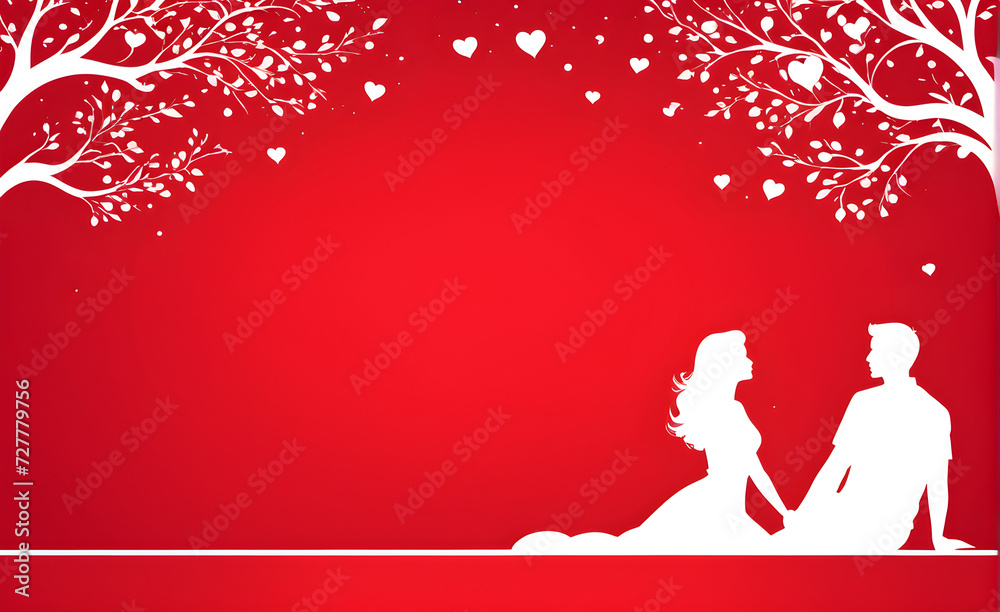 Couple white silhouette. red background with copy space. Generative AI Couple white silhouette. red background with copy space. Generative AI